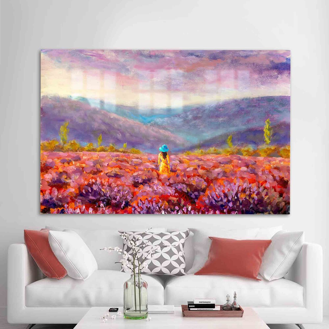 Woman In Yellow Dress Walking Lavender Field Purple Sky Poster