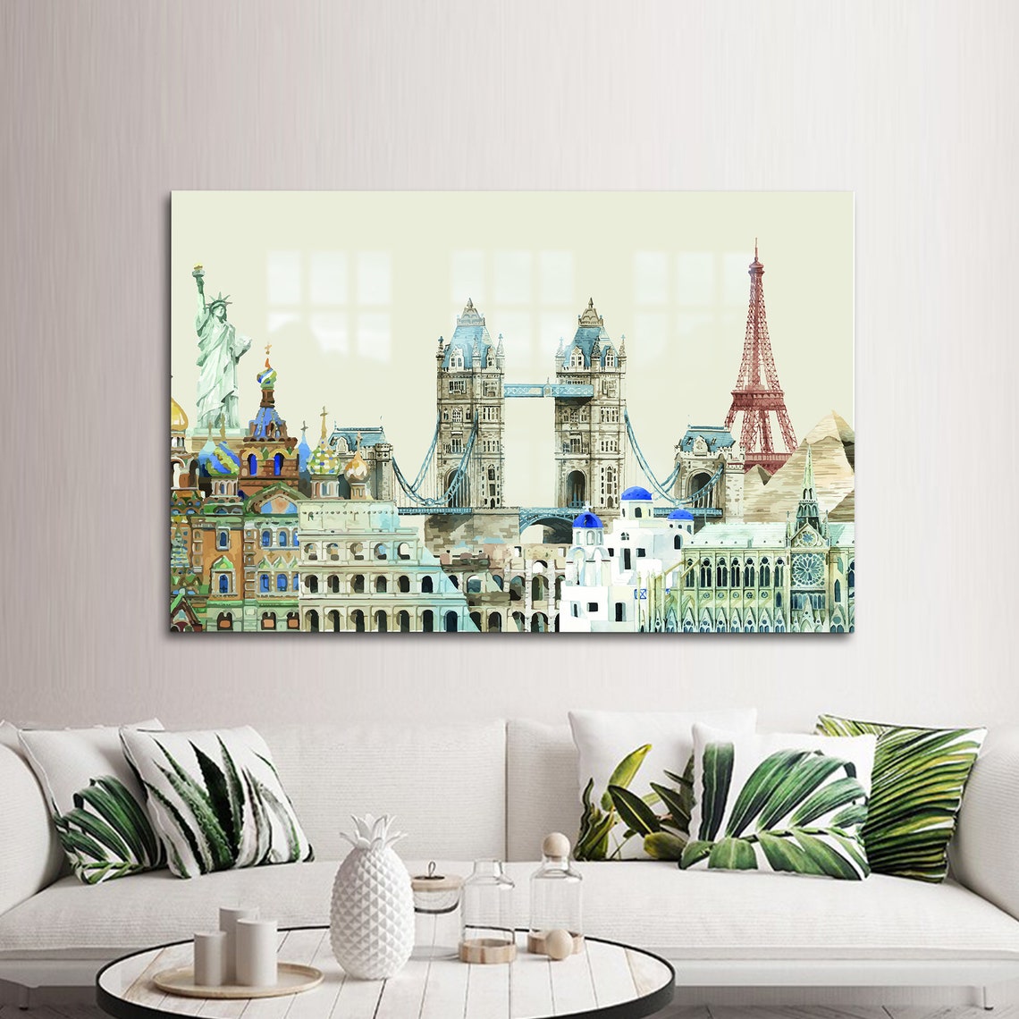 Famous World Landmarks Watercolor Collage Travel Glass Wall Art