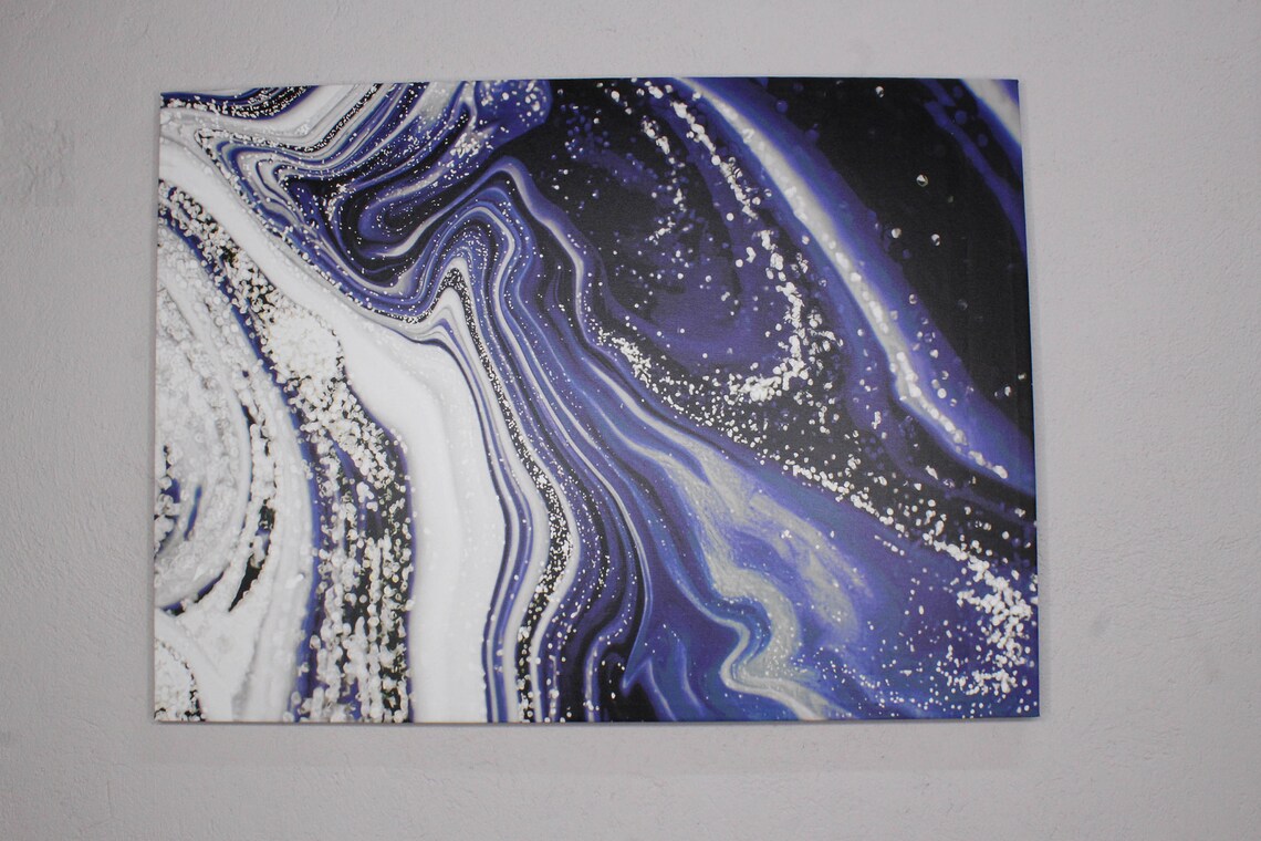 Shimmery Silver Abstract, Navy Blue Marble Art Print