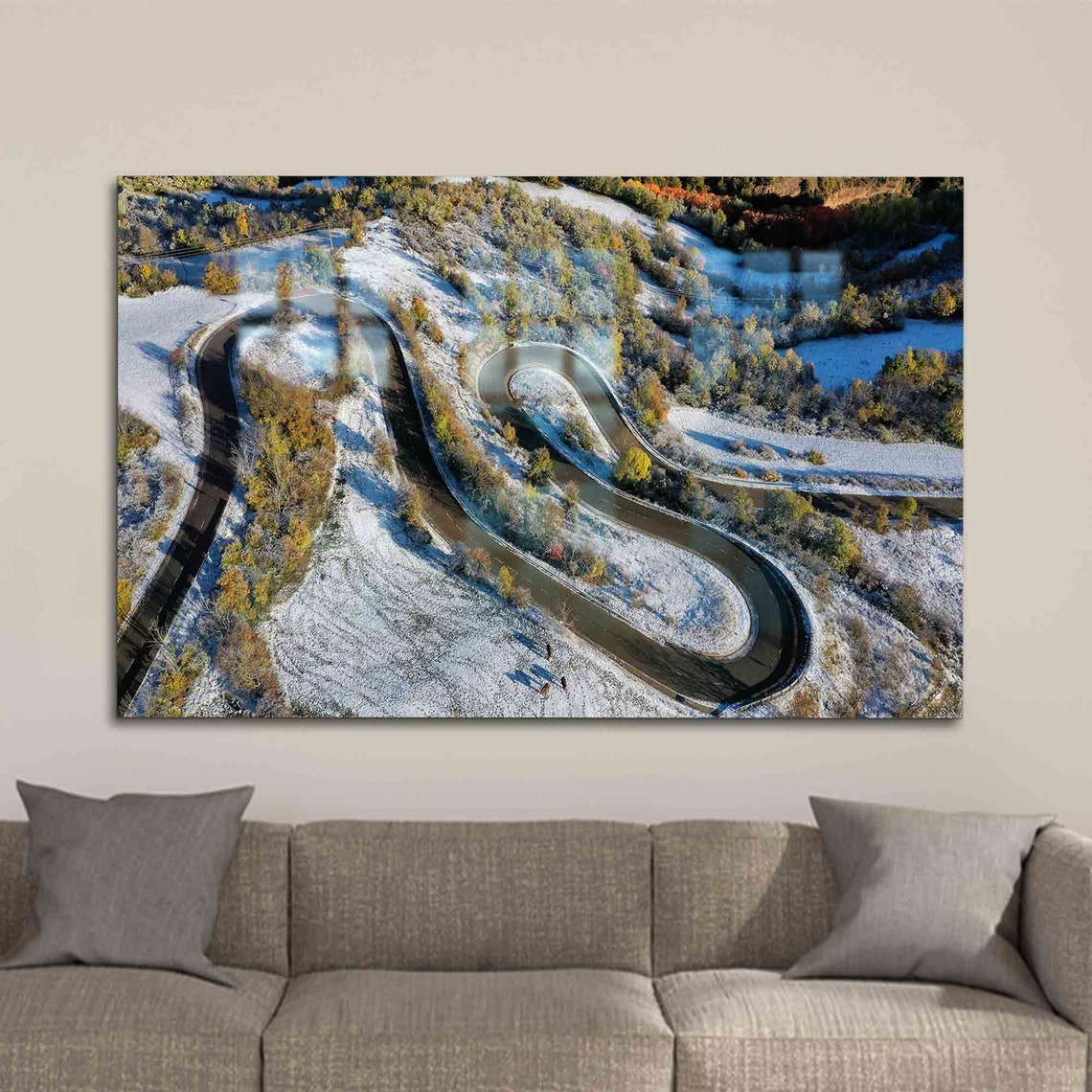 Dramatic Winding Mountain Road Aerial Winter Snow Curve Poster