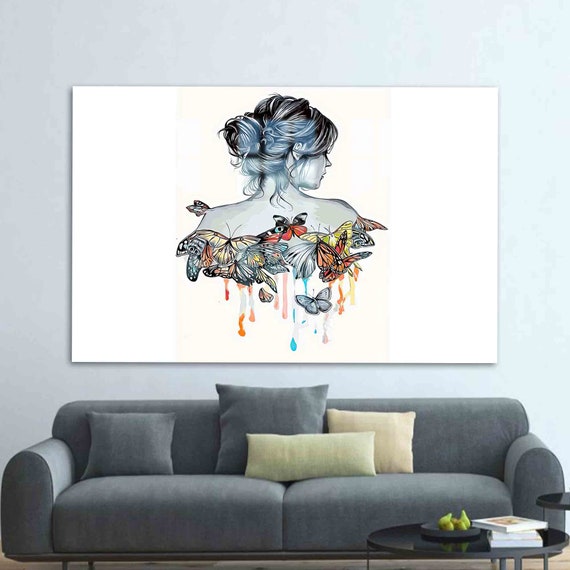 Glass Printing Art Wall Decor Girl And Butterflies Drawing Woman Abstract