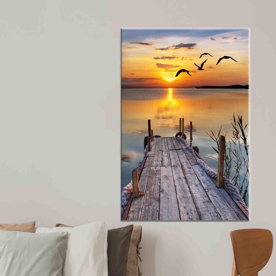 Sunset Over Calm Sea Wooden Pier Birds Lake Landscape Art Poster