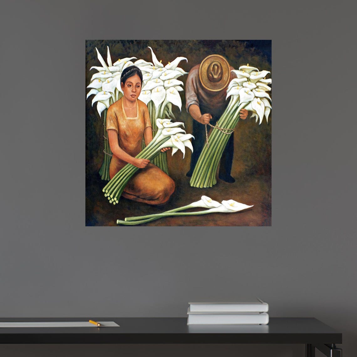 Diego Rivera Style Flower Vendors Calla Lily Mexican Folk Art Poster