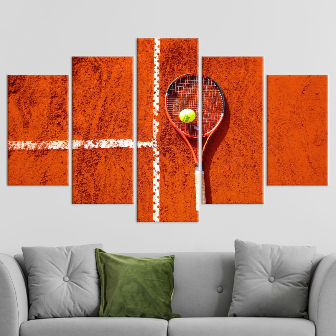Tennis Racket Ball Red Clay Court Five Panel Split Canvas Wall Art