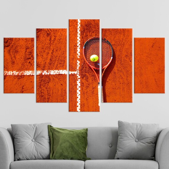 Tennis Racket Ball Red Clay Court Five Panel Split Canvas Wall Art