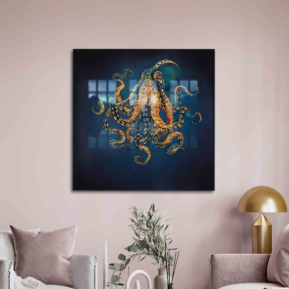 Golden Octopus Navy Blue Sea Life Modern Luxury Marine Art Poster