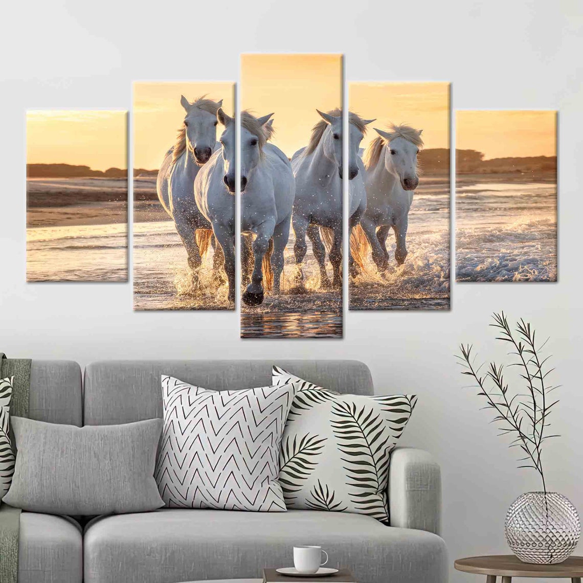 White Horses Running Beach Sunset Five Panel Split Canvas Poster