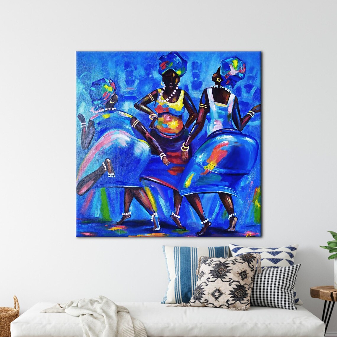 Three African Women Dancing Vivid Blue Canvas Painting Poster