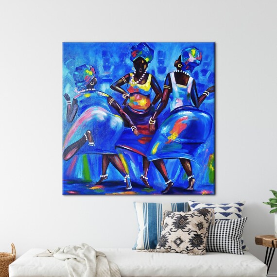 Three African Women Dancing Vivid Blue Canvas Painting Poster