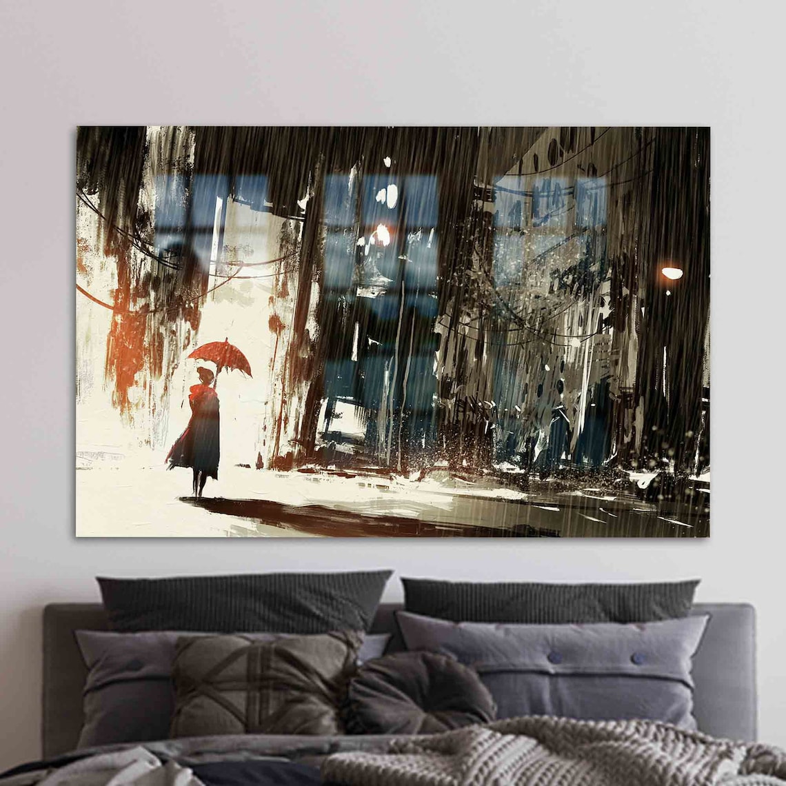 Glass Printing Tempered Umbrella Art Cityscape Alone Women Wall Modern