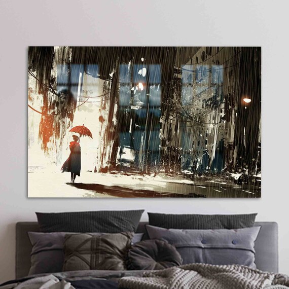 Glass Printing Tempered Umbrella Art Cityscape Alone Women Wall Modern