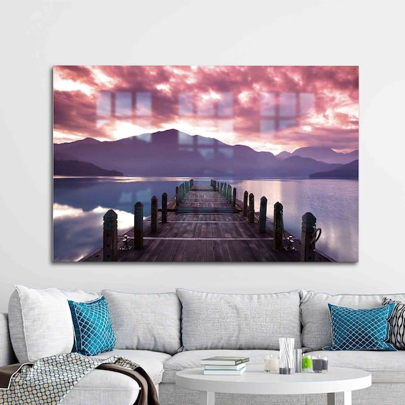 Long Wooden Pier at Purple Sunset Calm Mountain Lake Photo Poster
