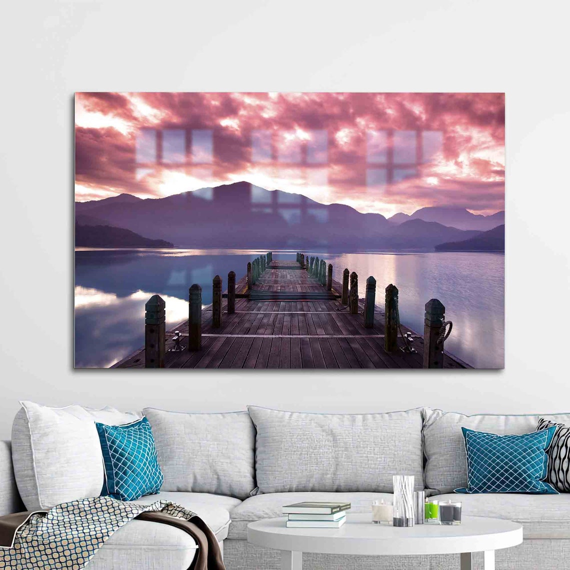Long Wooden Pier at Purple Sunset Calm Mountain Lake Photo Poster