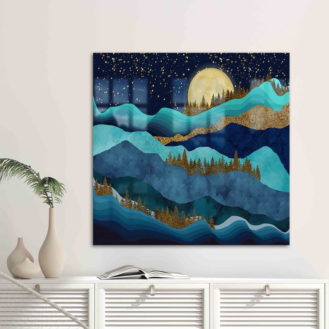 Wall Decor Glass Printing Art Gold Forest Landscape Full Moon Luxury