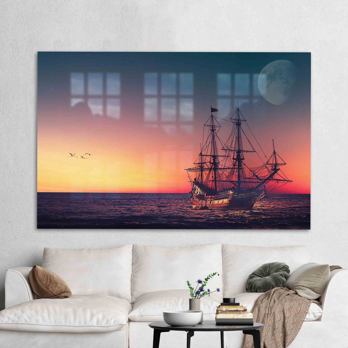 Tall Ship Silhouette at Crimson Sunset With Full Moon Wall Art