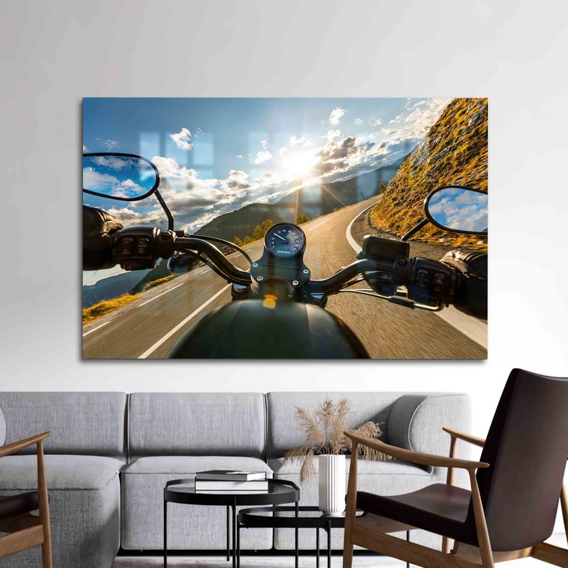 Motorcycle Mountain Road POV Golden Sunset Ride Glass Wall Art