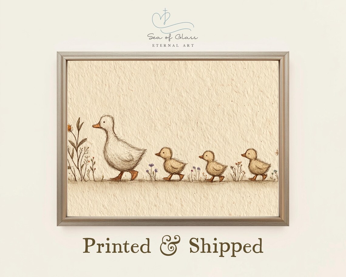 Mother Duck And Ducklings, Minimalist Nursery Art Print