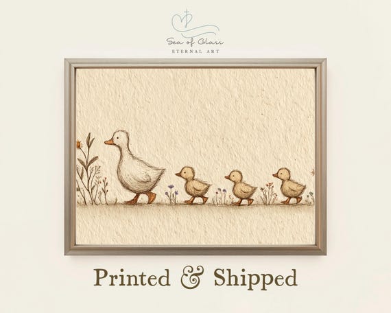 Mother Duck And Ducklings, Minimalist Nursery Art Print