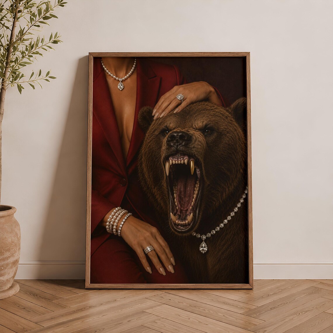 Roaring Bear With Diamond Necklace Luxury Fashion Animal Poster