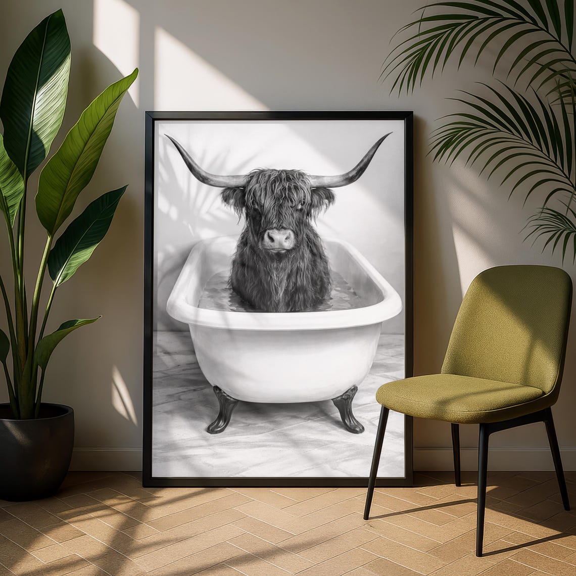 Highland Cow In Bathtub Funny Black And White Humor Art Poster