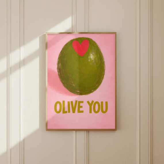 Olive You Pun Giant Olive Heart Pink Coquette Kitchen Poster