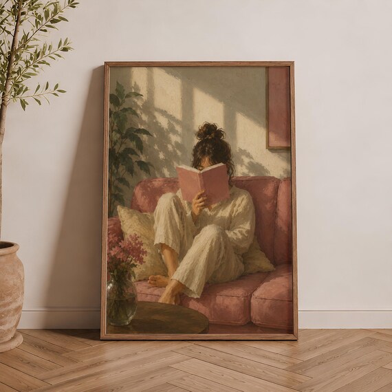 Woman Reading Pink Sofa Cozy Book Lover Warm Pastel Art Poster