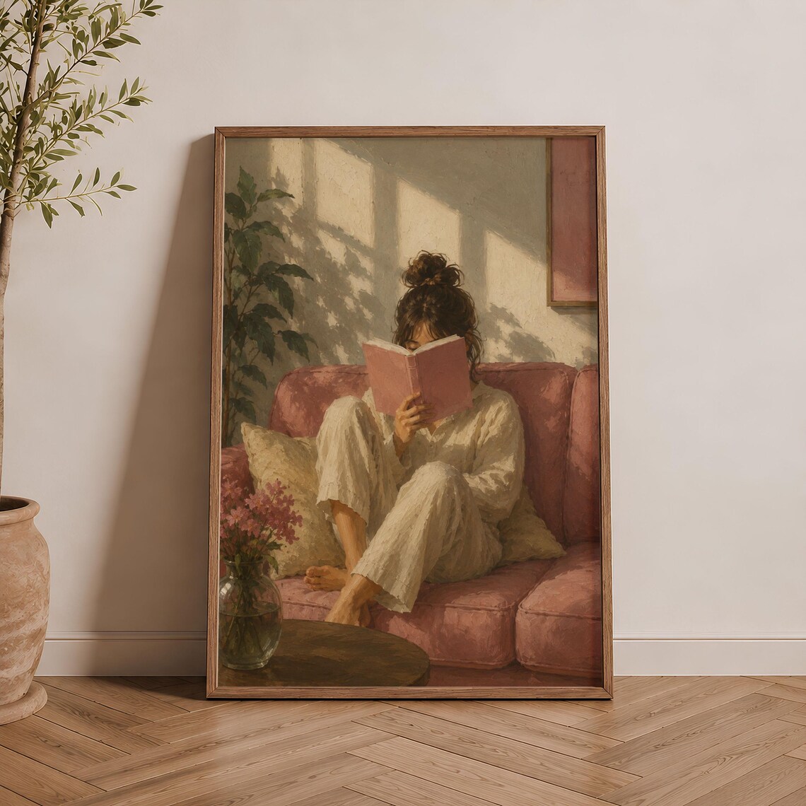 Woman Reading Pink Sofa Cozy Book Lover Warm Pastel Art Poster