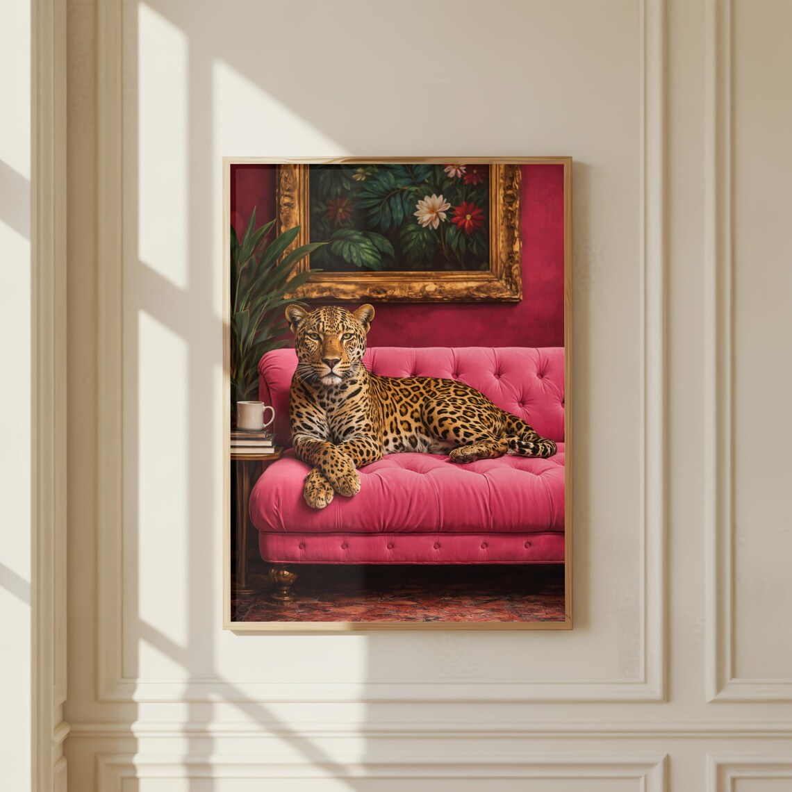 Leopard Pink Sofa Poster, Vintage Glam Living Room Art