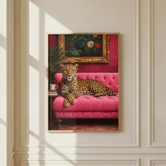 Leopard Pink Sofa Poster, Vintage Glam Living Room Art