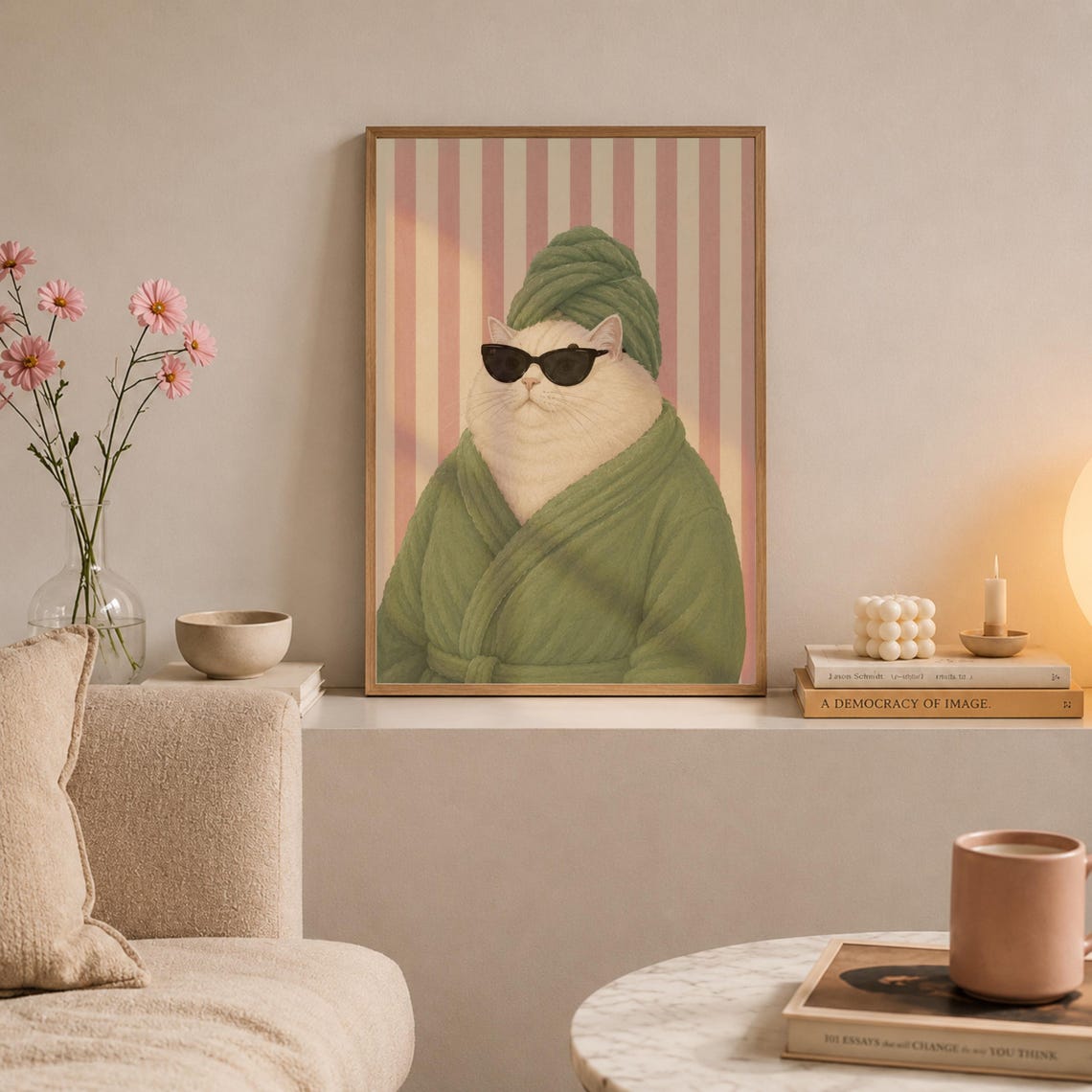 Funny Spa Cat Print Sage Green Bathroom Poster Quirky Animal Art Download