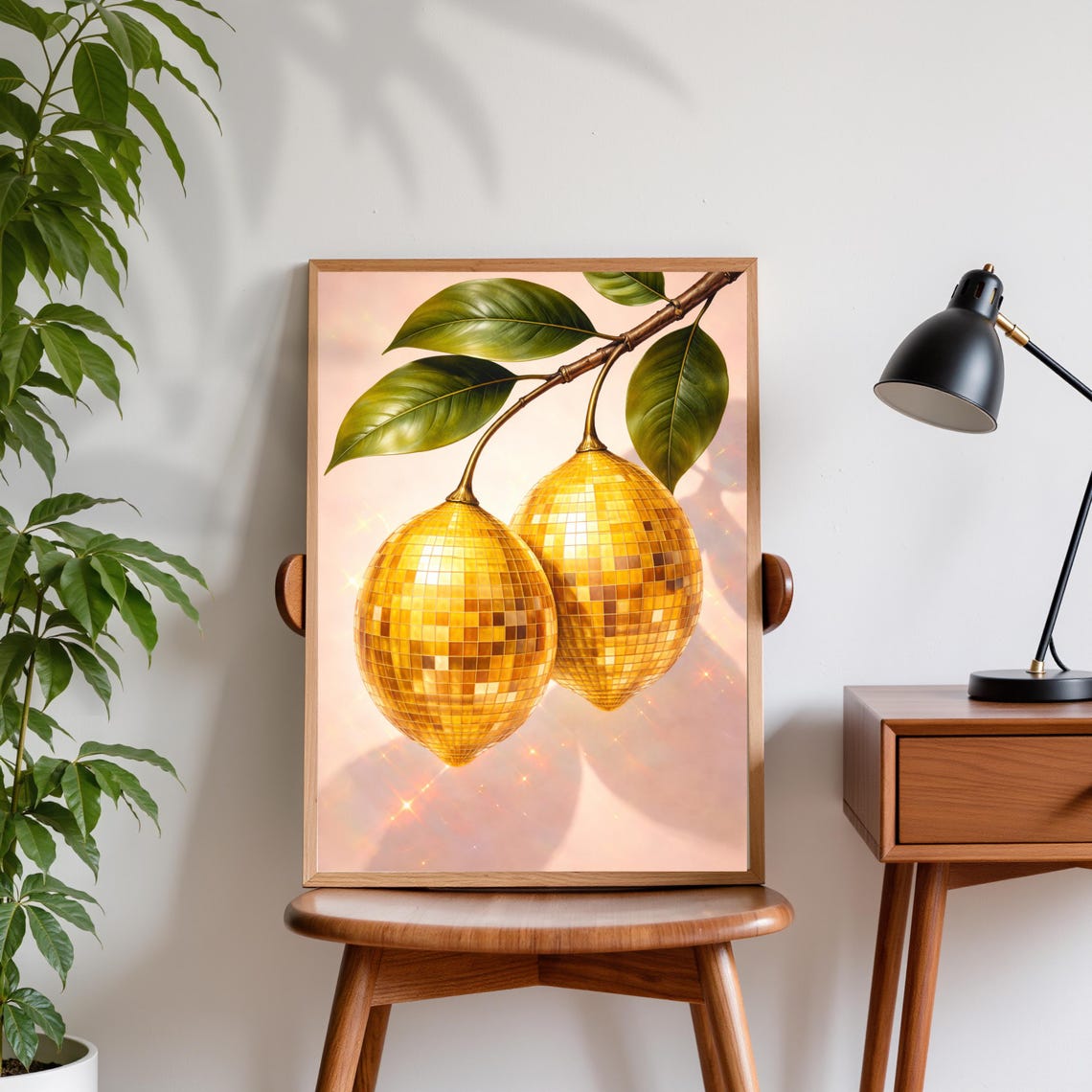 Disco Lemon Gold Mirror Ball Fruit Branch Maximalist Kitchen Poster
