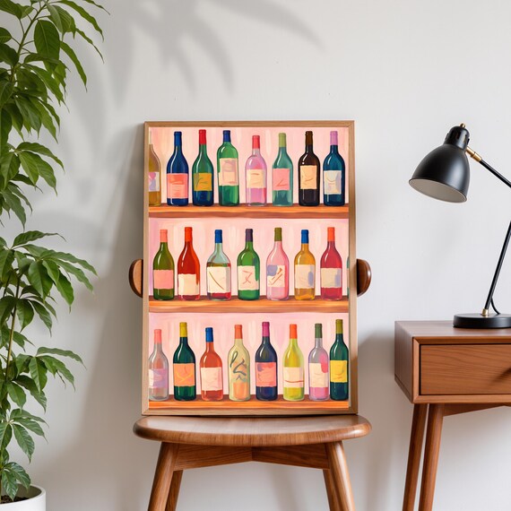 Colorful Wine Bottles Poster Modern Bar Cart Shelf Illustration Art