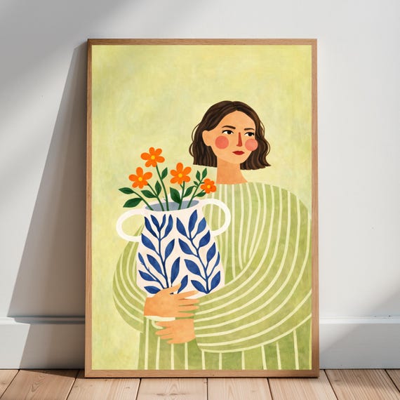 Woman With Vase Poster Modern Botanical Portrait Minimalist Illustration Soft Decor