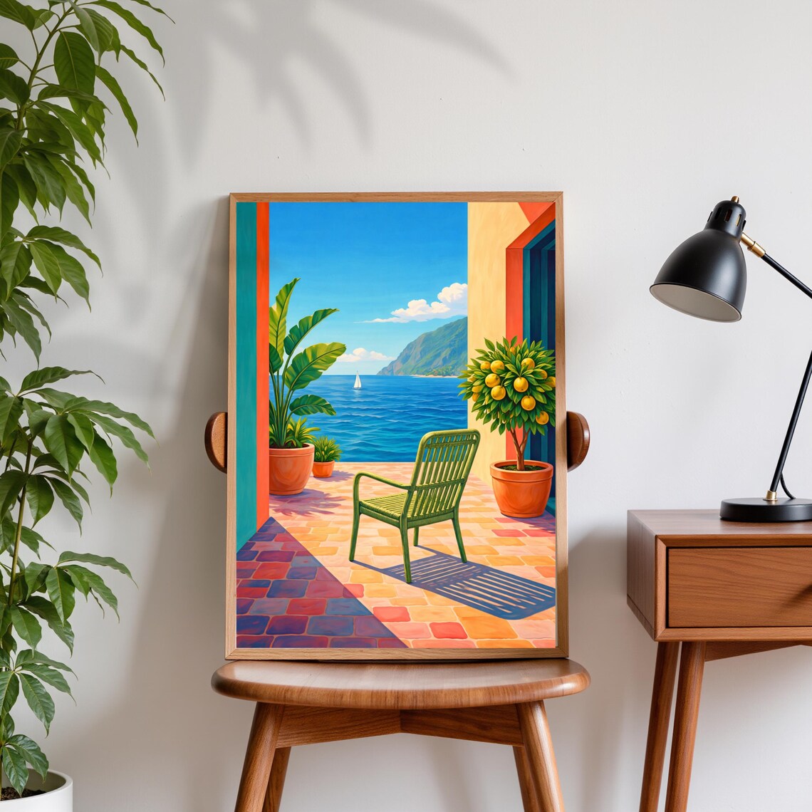 Mediterranean Terrace Sea View Poster Sunny Lemon Tree Coastal Patio Art