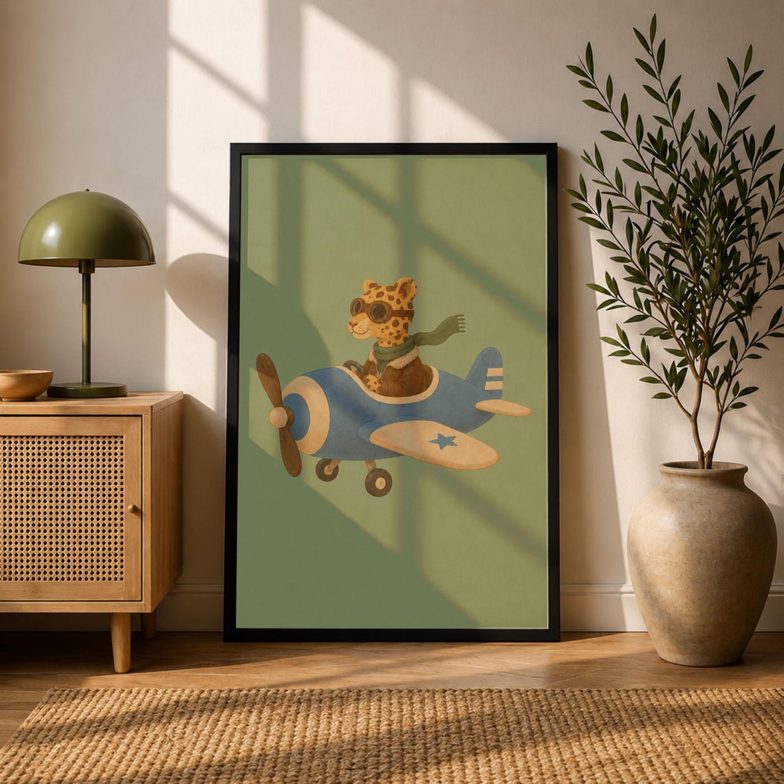 Leopard Pilot Flying Vintage Airplane Cute Nursery Adventure Poster