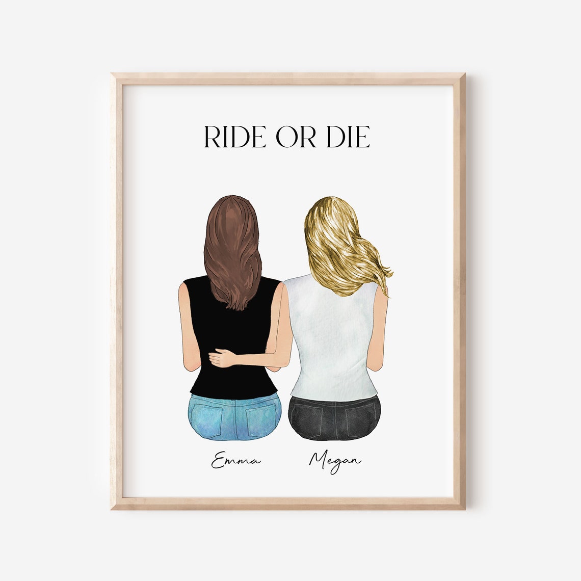 Ride or Die Two Best Friends Custom Name Portrait Watercolor Poster