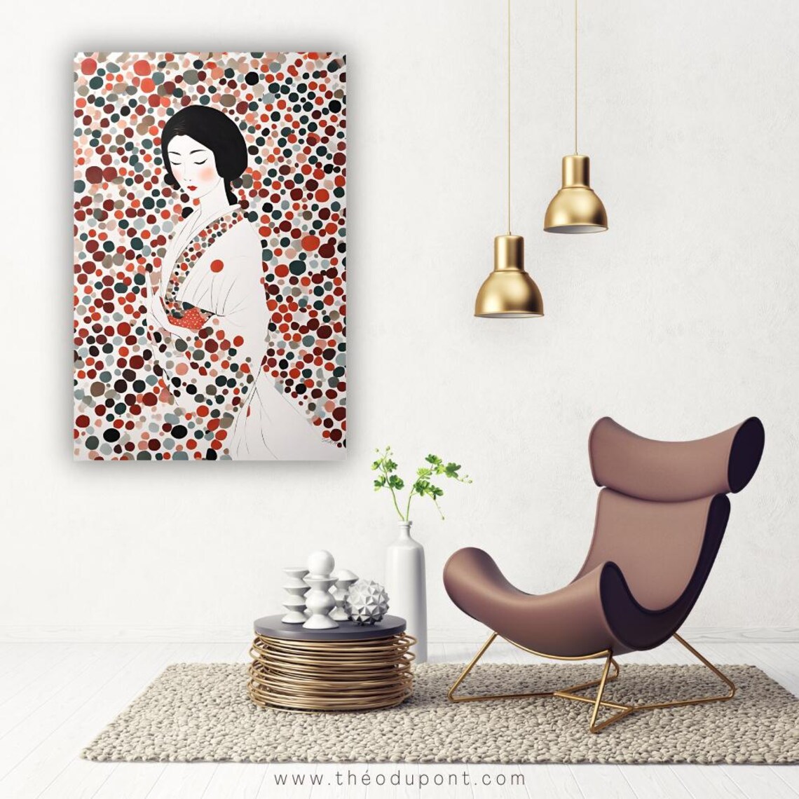 Japanese Geisha White Kimono Red Dots Pointillism Elegant Art Poster - Image 3