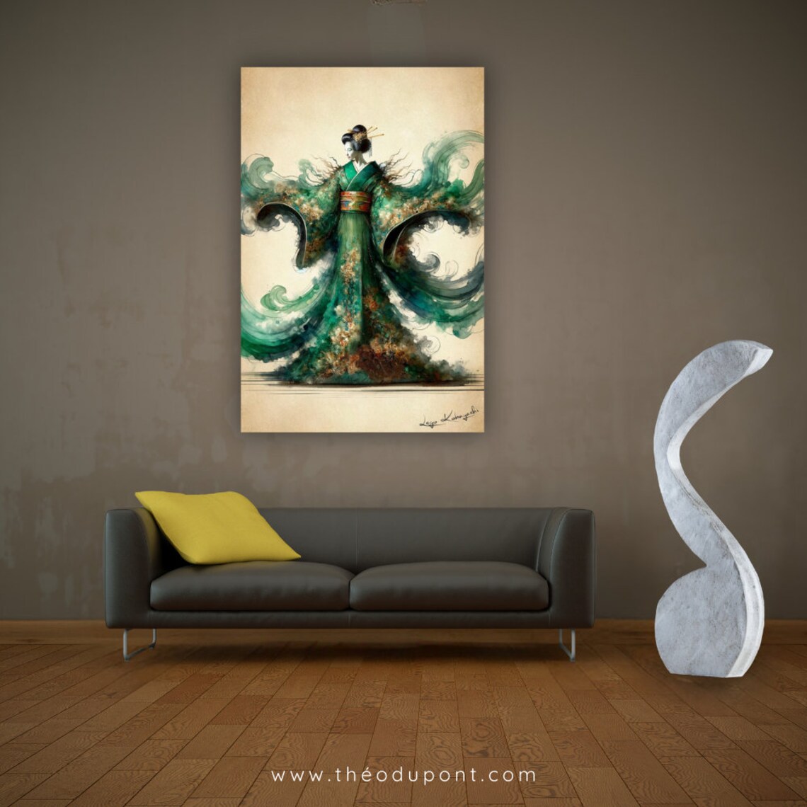 Japanese Geisha Emerald Green Kimono Golden Hairpins Watercolor Poster - Image 2