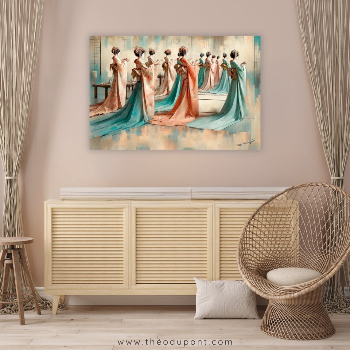 Geisha Tea Ceremony Pastel Kimono Group Watercolor Japanese Art Poster - Image 2