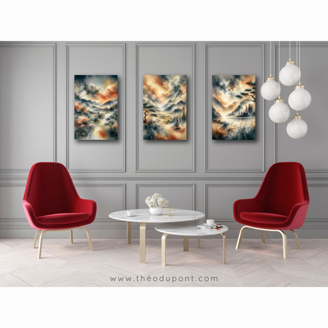 Misty Mountain Sunset Amber Triptych Three Panel Watercolor Art Poster