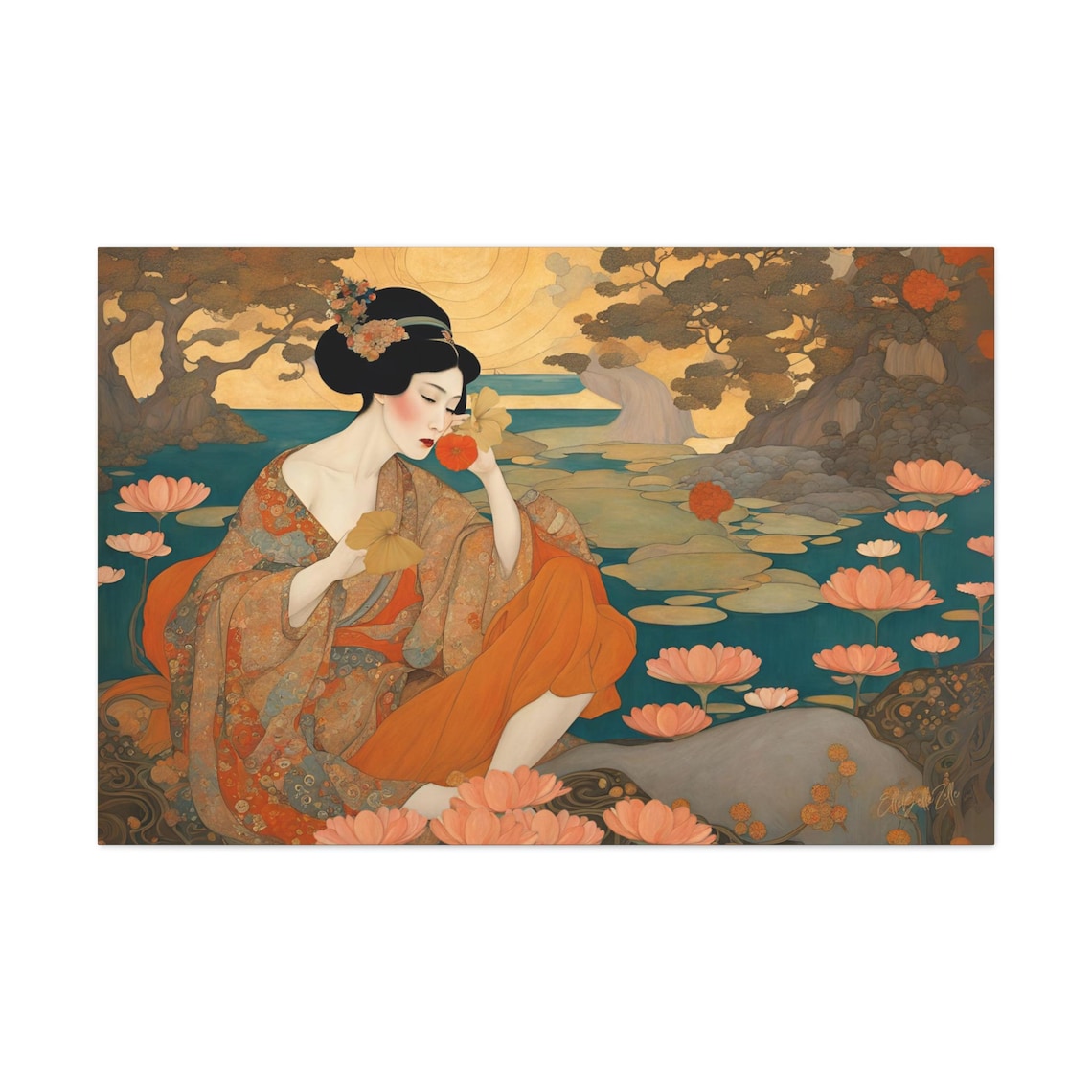Art Nouveau Geisha Orange Kimono Lotus Pond Sunset Scene Art Poster - Image 2
