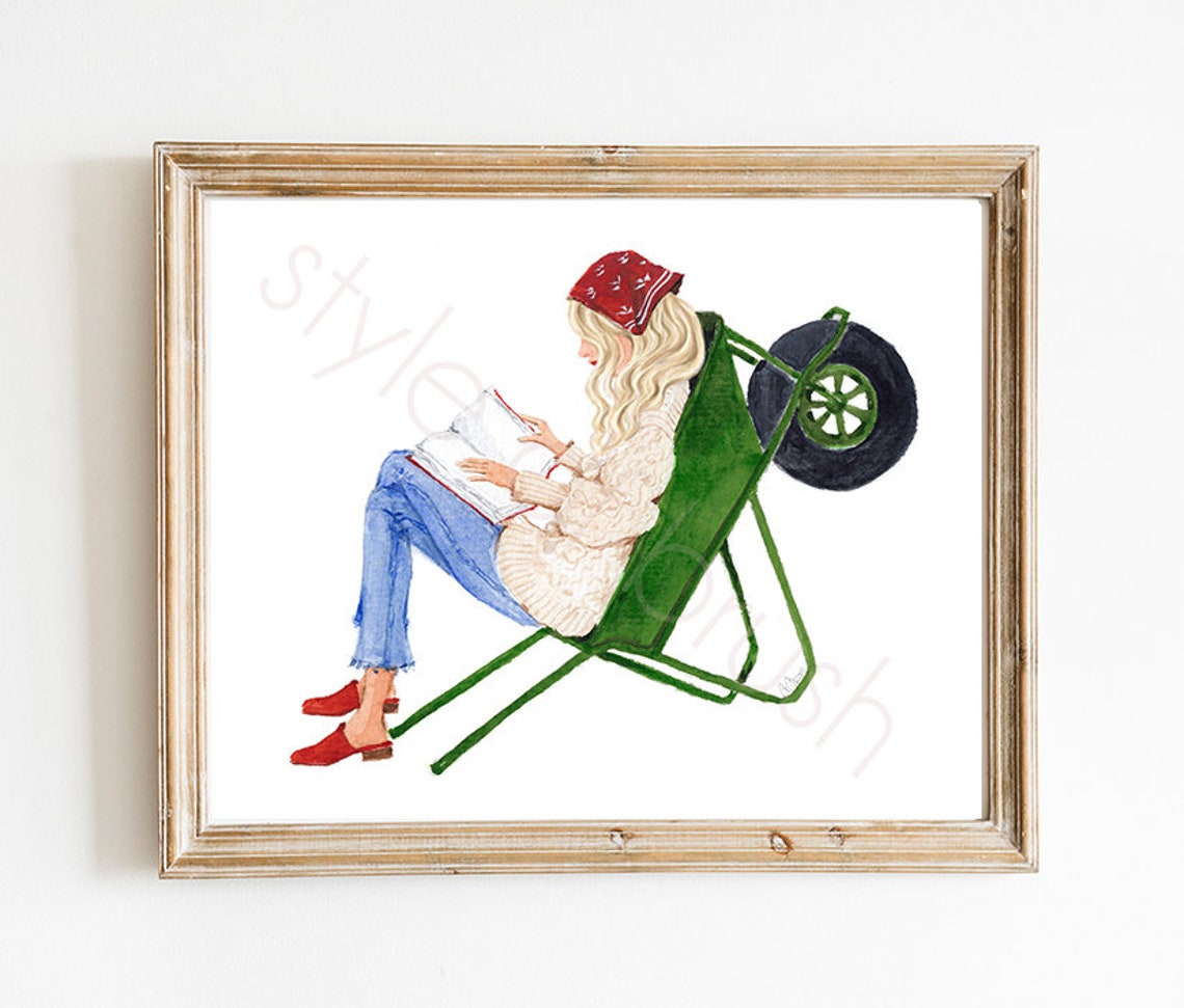 Blonde Woman Reading in a Wheelbarrow with Red Bandana Poster - Image 2