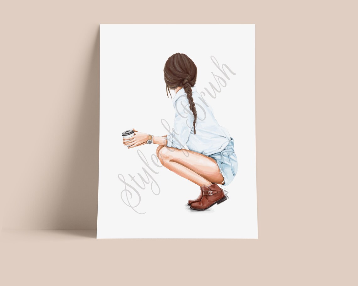 Coffee Girl Fashion Illustration Print Braided Hair Denim Boots - Image 2