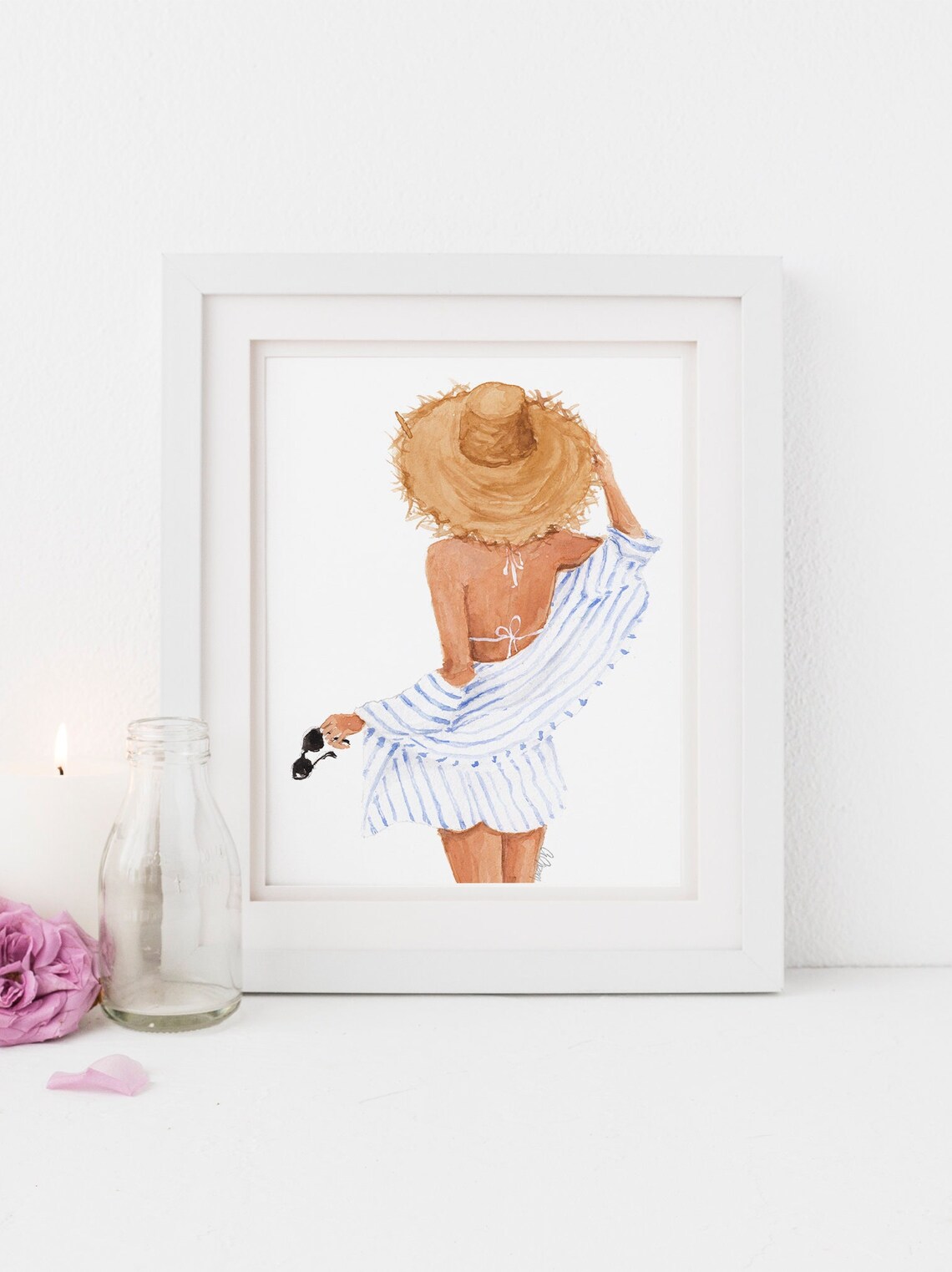 Summer Beach Fashion Girl with Straw Hat Striped Cover Up Poster