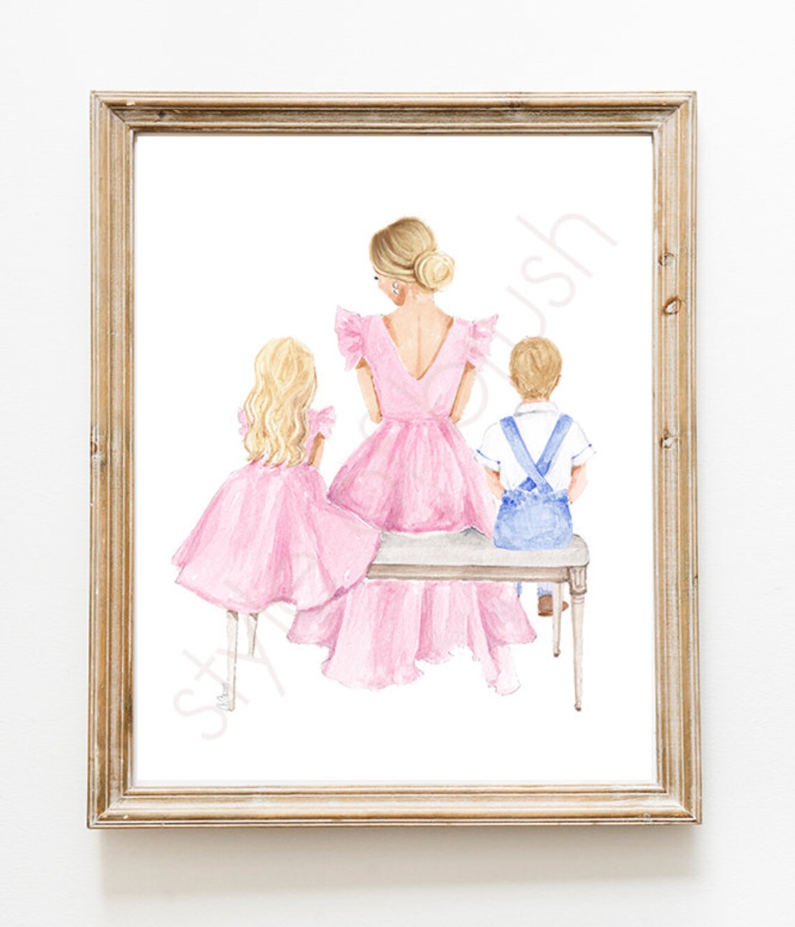 Blonde Mother Daughter and Son Pink Dress Illustration Poster - Image 2