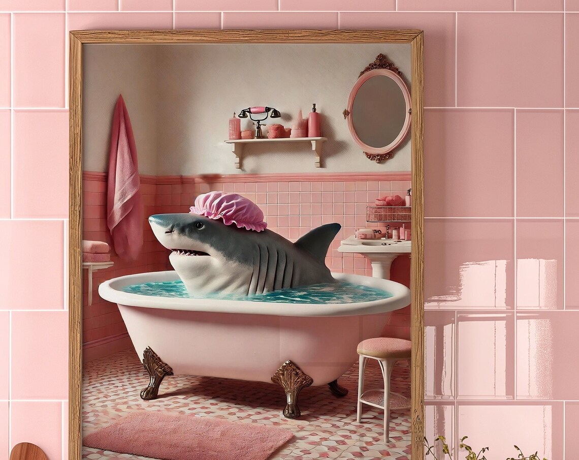 Great White Shark in Pink Tub, Funny Bathroom Art Print - Image 3