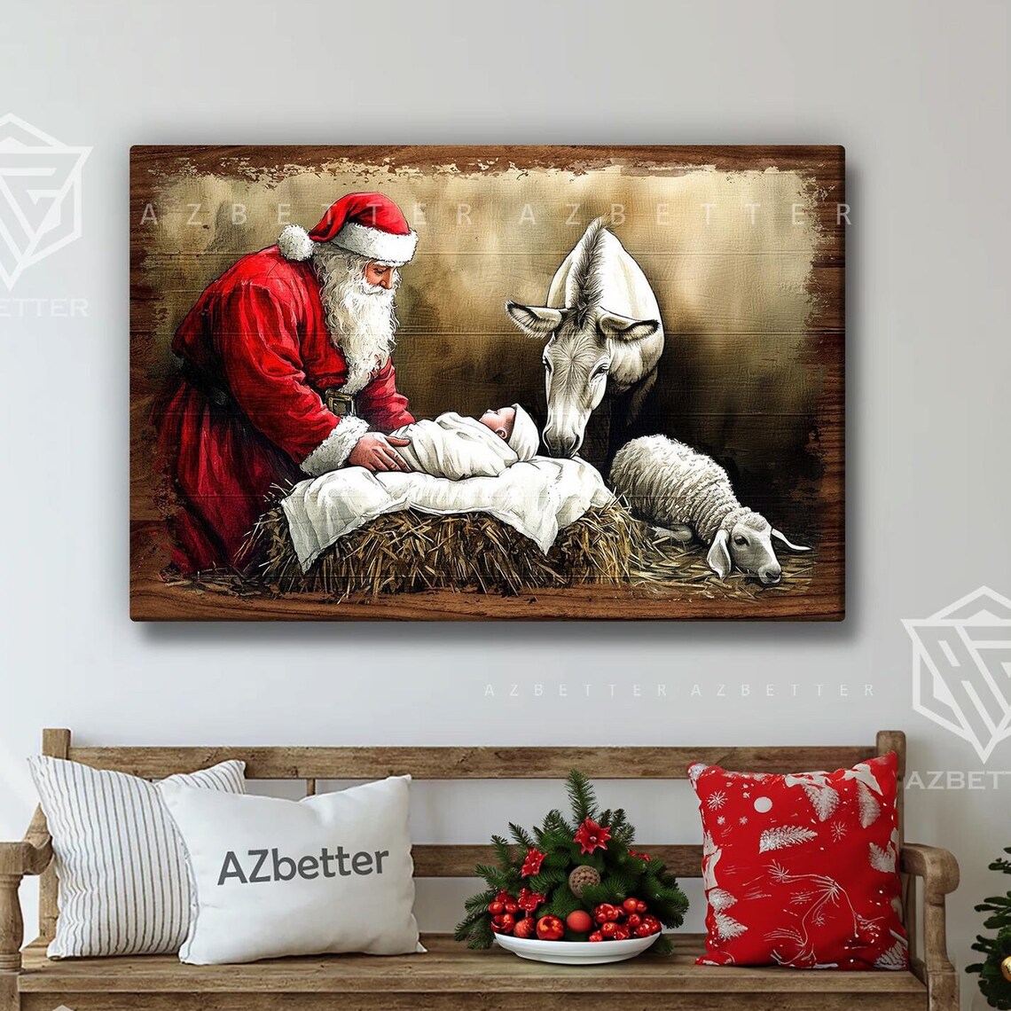 Santa With Swaddled Baby Jesus Donkey and Lamb Stable Scene Poster - Image 5