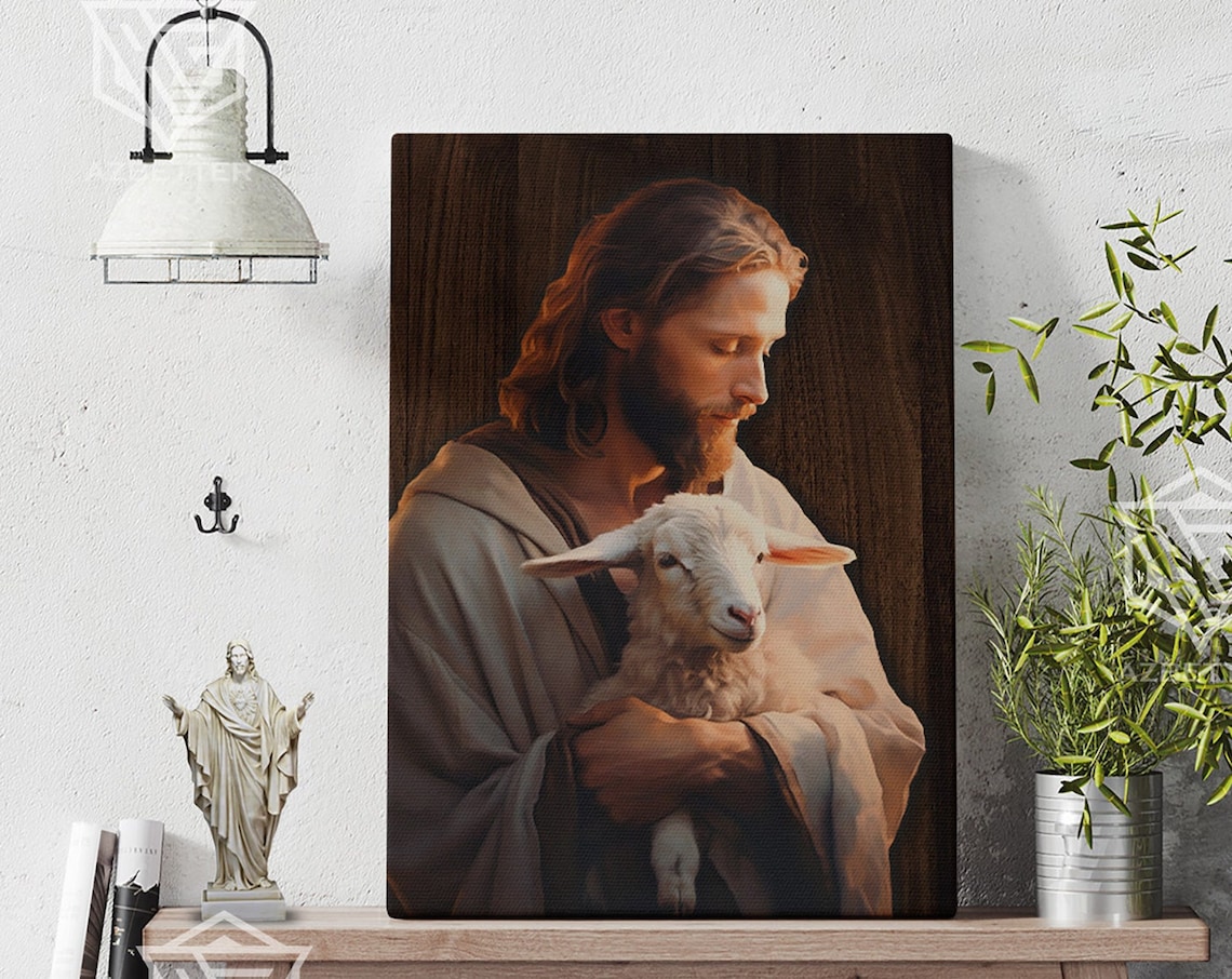Jesus Holding Lost Lamb in Arms Gentle Savior Painting Poster
