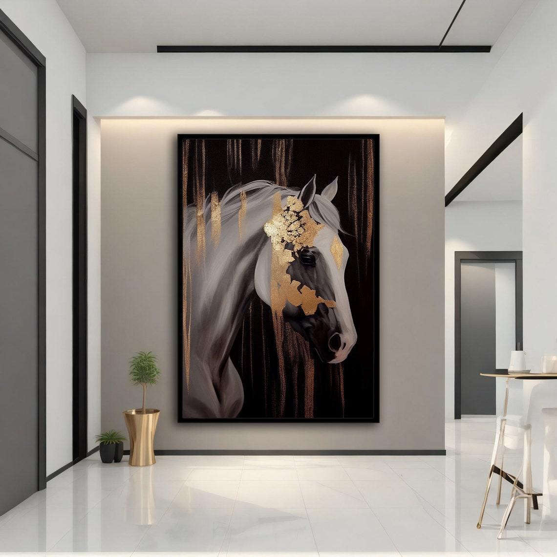 White Horse Gold Leaf Portrait Black Background Luxury Art Print - Image 3