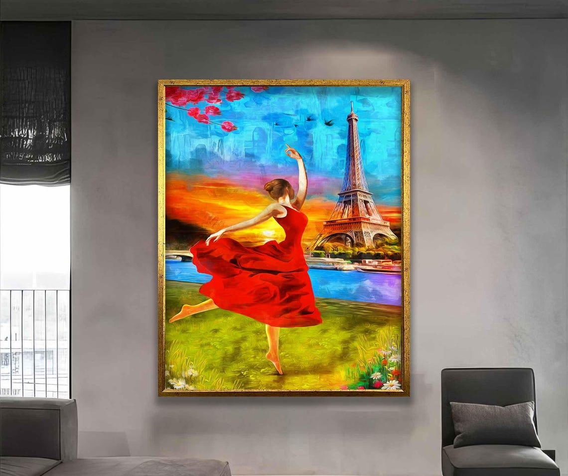 Eiffel Wall Art Paris Wall Art Woman In Paris Woman With Red Dress Wall Art Woman Painting Abstract Woman Print Paris - Image 2